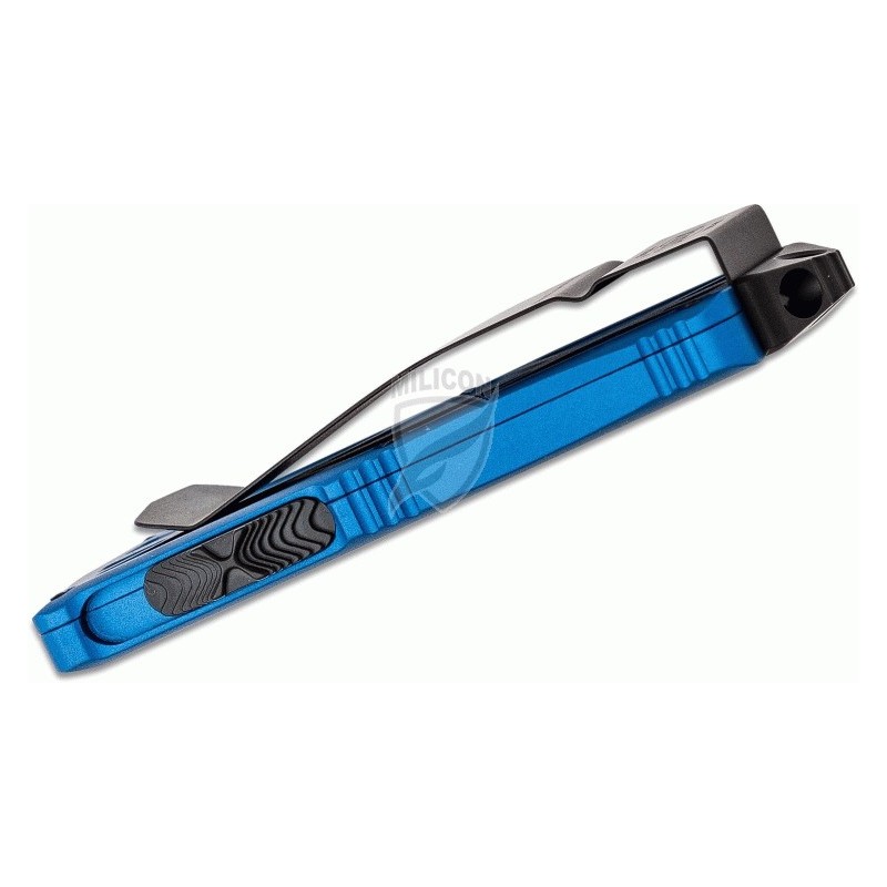 Nóż Microtech 157-1BL Exocet OTF Money Clip AUTO Knife 1.98" Black Double Edge Blade, Blue Aluminum Handles