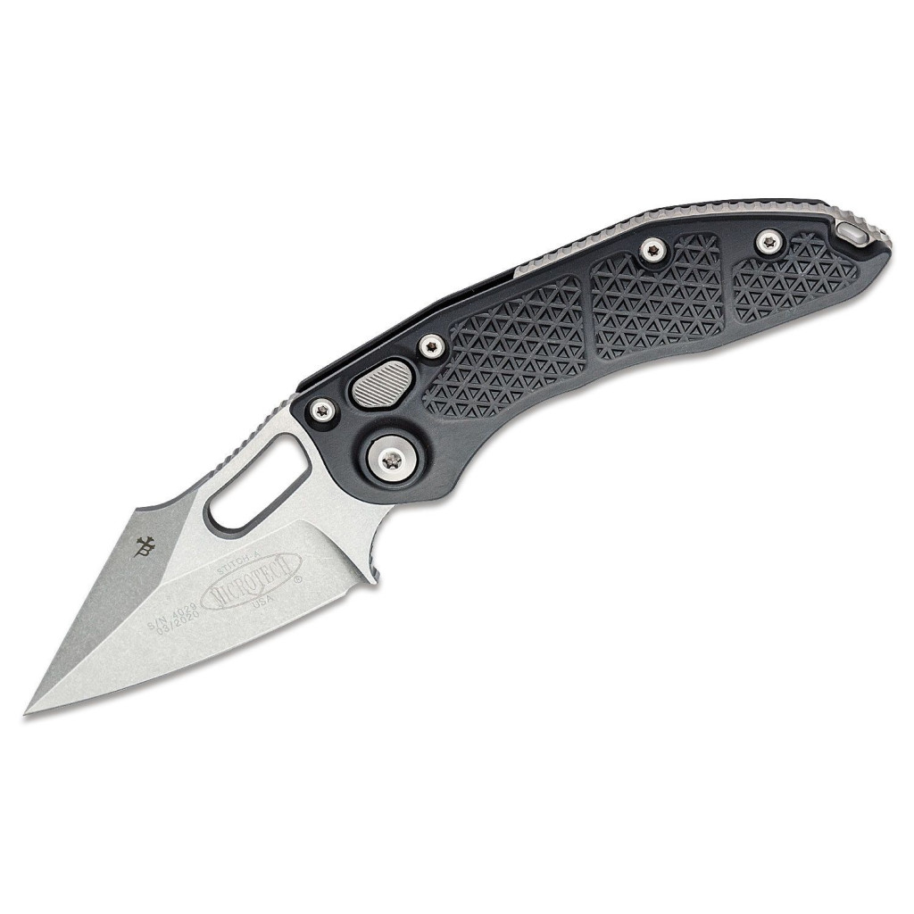 Nóż Microtech/Borka Blades 169-10 AUTO Stitch Folding Knife 3.625" Stonewashed Spear Point Blade, Black Aluminum Handles